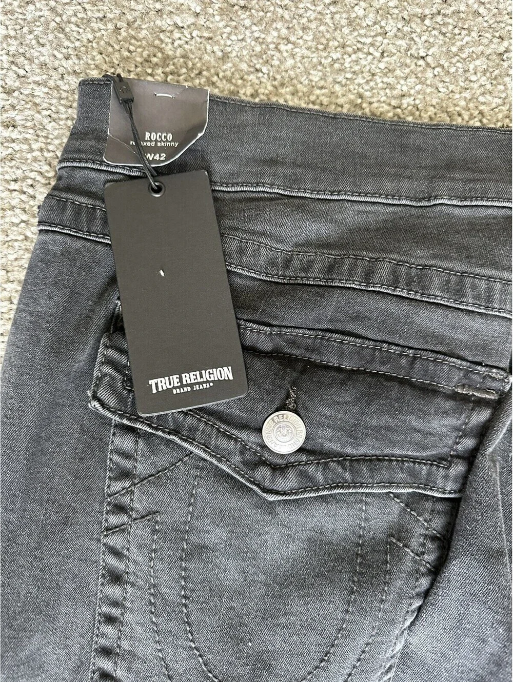 True Religion Rocco Flap SN Relaxed Skinny Jeans Washed Black Men’s Size 42 New